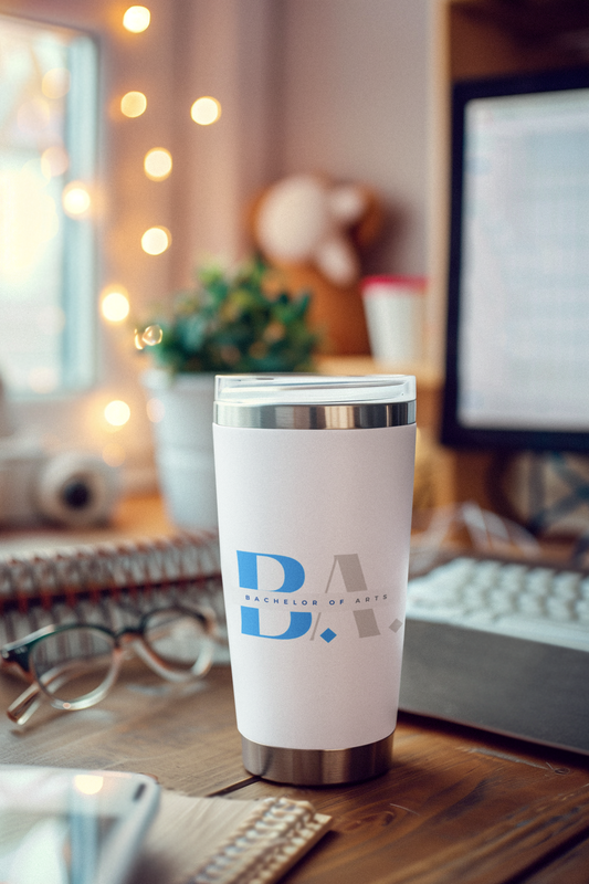 Custom coffee tumbler with bachelor of arts credentials