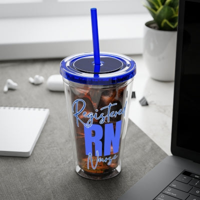 Blue water tumbler with RN credentials
